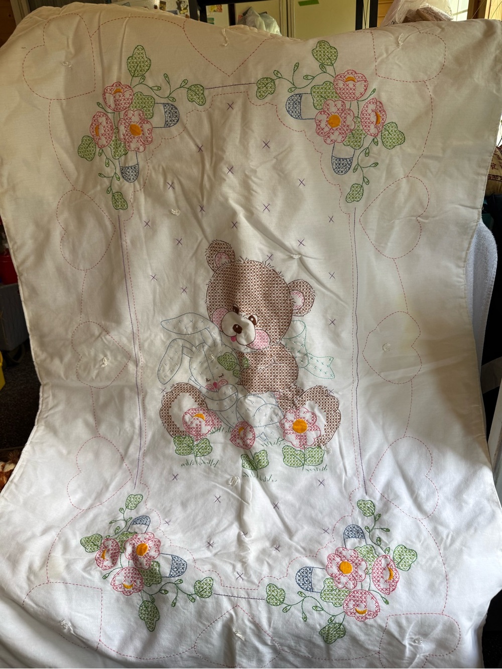 Embroidered Teddy Bear Baby Quilt - White with Pink & Green Accents